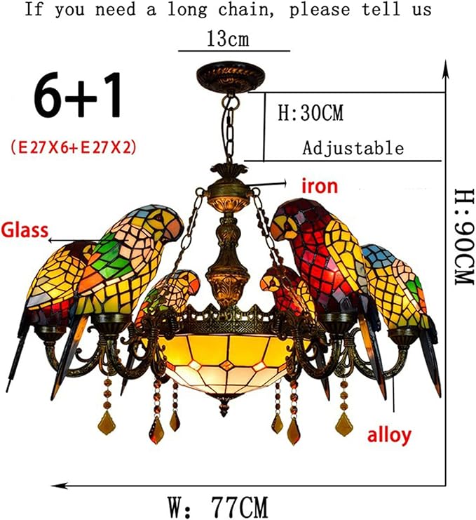 Tiffany-Style Victorian 6-Light Parrot Chandelier, European Red Dragonfly Stained Glass Multi-Head Pendant Lamp Fixture Ceiling Hang Light for Living Room Villa Dining Room,Parrot