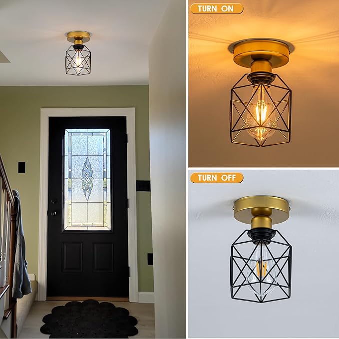 Industrial Ceiling Light, Gold and Black, Metal Cage Shade, Semi-Flush Mount, Geometric Design Caged, Mini
