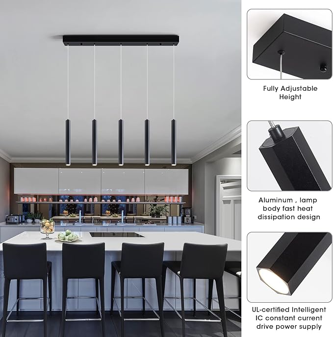 Modern Pendant 5 Light with Adjustable Height - Acrylic Shades & Matte Black Finish Pendant Light, 3000-6000K Dimmable Kitchen Pendant Lighting for Kitchen Island, Dining Room, Bar Counter