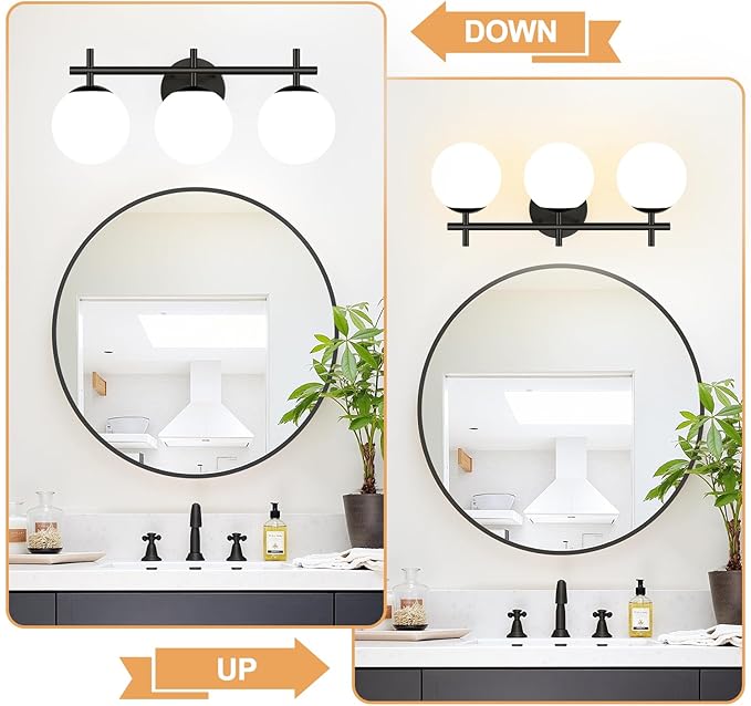 3-Light Bathroom Light Fixtures, Matte Black Vanity Lights for Bathroom with Milky White Glass Ball Shade, 18.9 inch Bathroom Lighting Fixtures Over Mirror, Wall Sconce for Bedroom (Bulb Not Included)
