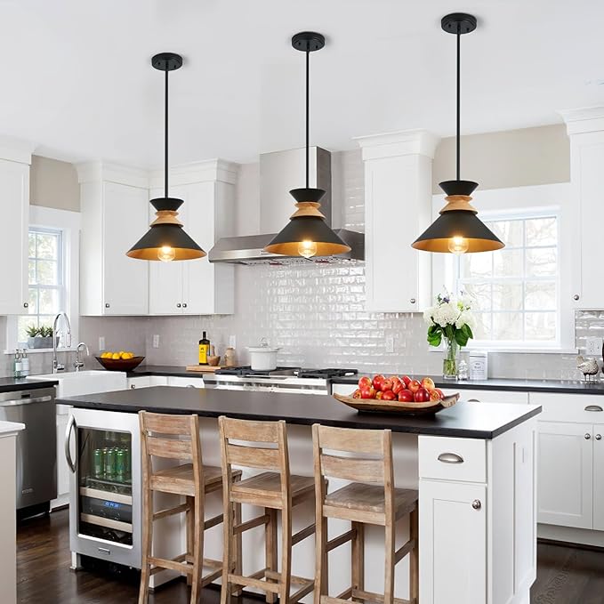 12 Inch Black Pendant Lights Kitchen Island Hanging Light Fixtures Adjustable Rod Height Pendant Lighting for Dining Room 1 Pack