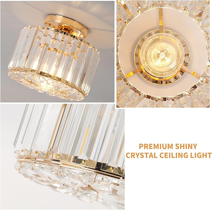 Crystal Ceiling Light, Semi Flush Mount Ceiling Light Gold Crystal Chandelier for Bedroom Kitchen Hallway Entrance Balcony Dining Rooms Living Rooms Bar