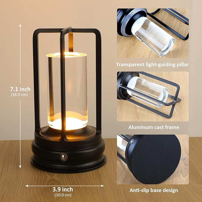Cordless Table Lamp - 1 Pack Rechargeable 2000mAh Battery Operated LED Lamp with 3-Color Stepless Dimming, Touch Control, for Dining Room, Bedroom, Bar, Restaurant, Patio & Camping, Black