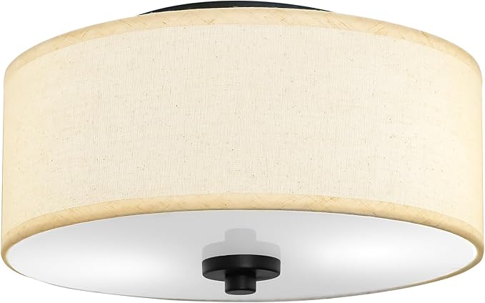 2-Light Flush Mount Ceiling Light Fixture, 12” Modern Close to Ceiling Light with Beige Fabric Drum Shade, Round Pendant Light for Bedroom Hallway Bathroom Dining Kitchen