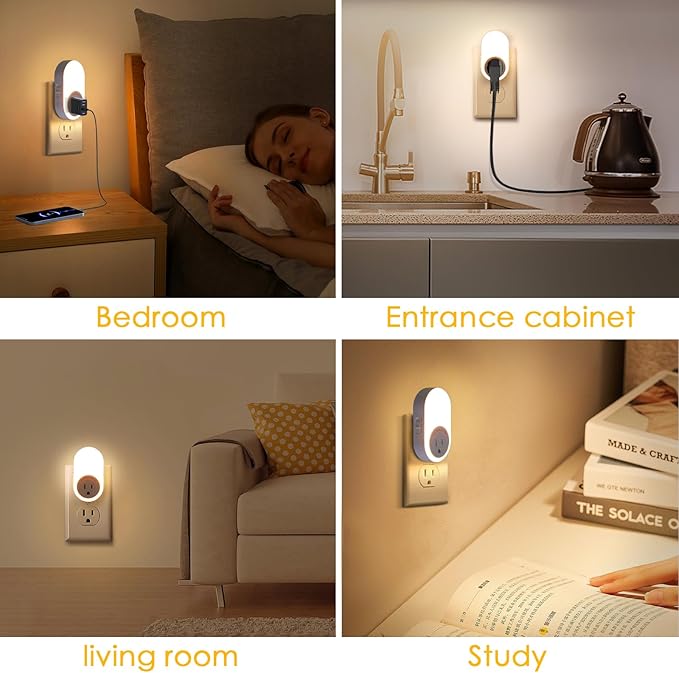 Dawnrise Night Lights Plug Into Wall, Dusk to Dawn Sensor Night Light with Power Outlet, CCT 2200K or 4000K, 5Lm or 20Lm Adjustable Brightness for Bedroom, Kitchen, Living Room, Office, 2PK