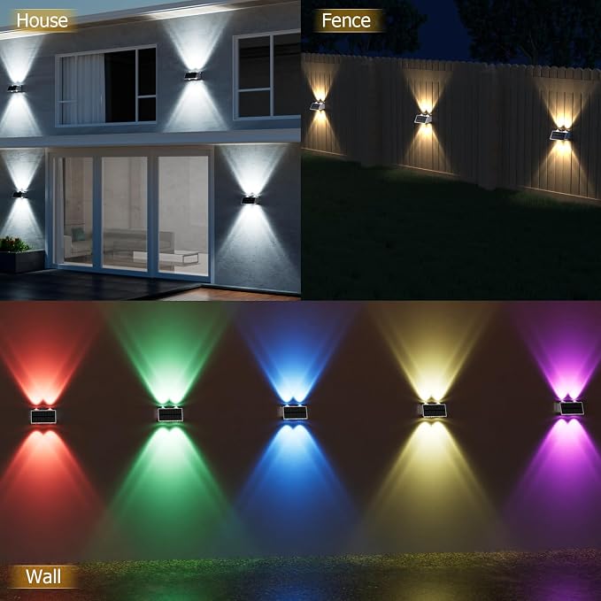 Solar Fence Lights Outdoor, 12 Pack Warm & Cool White RGB LED IP68 Waterproof Wall Mount Sconce Up & Down Solar Lights for Outside Garden Patio Backyard Garage Step(White