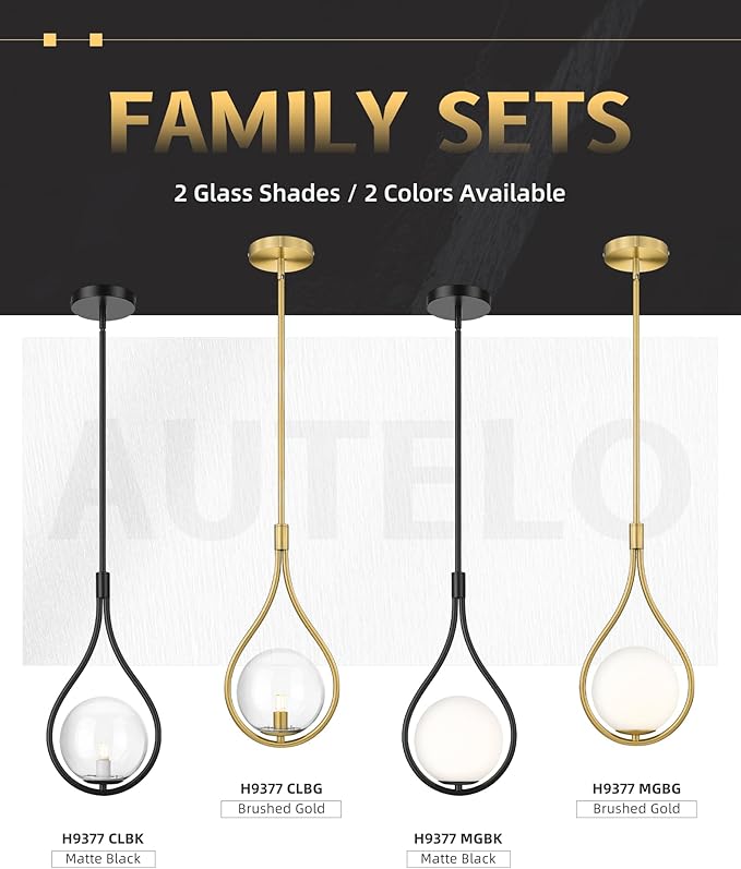 AUTELO 2 Pack Gold Pendant Lights, Hanging Lamp in Brushed Gold Finish with Clear Globe Glass, Mid Century Pendant Lights Kitchen Island with Adjustable Rods for Kitchen H9377 CLBG-2PK