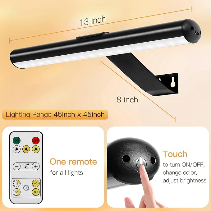 TINTINDOC Picture Light Battery,Brightness Dimmable Timer Setting,Rechargeable Painting Light for Pictures Display Art on Wall with 3 Colors Lighting Remote,Used for Frames Dartboard Portrait