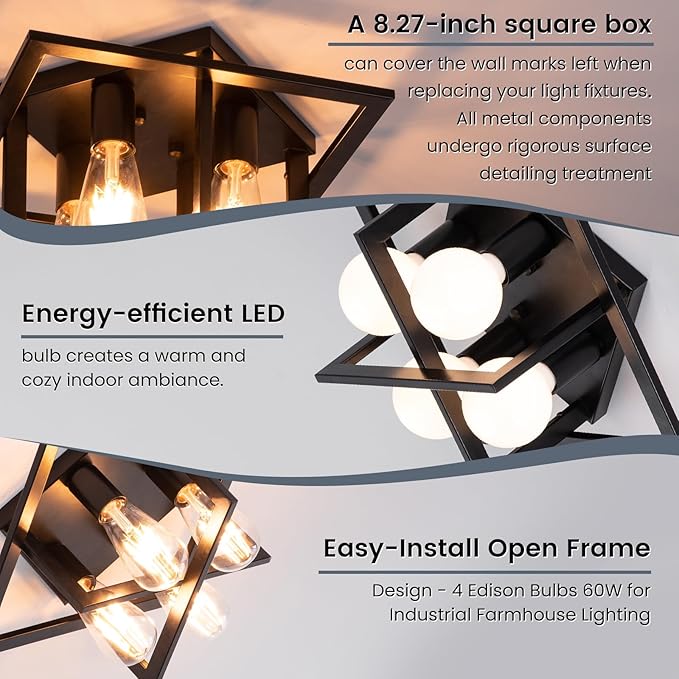 Semi Flush Mount Ceiling Light Fixture, 4 Light Industrial Ceiling Light Fixtures Ceiling Mount Black Farmhouse for Kitchen Lighting Fixtures Ceiling, Bathroom Ceiling Light, Bedroom, Hallway(2 Pack)