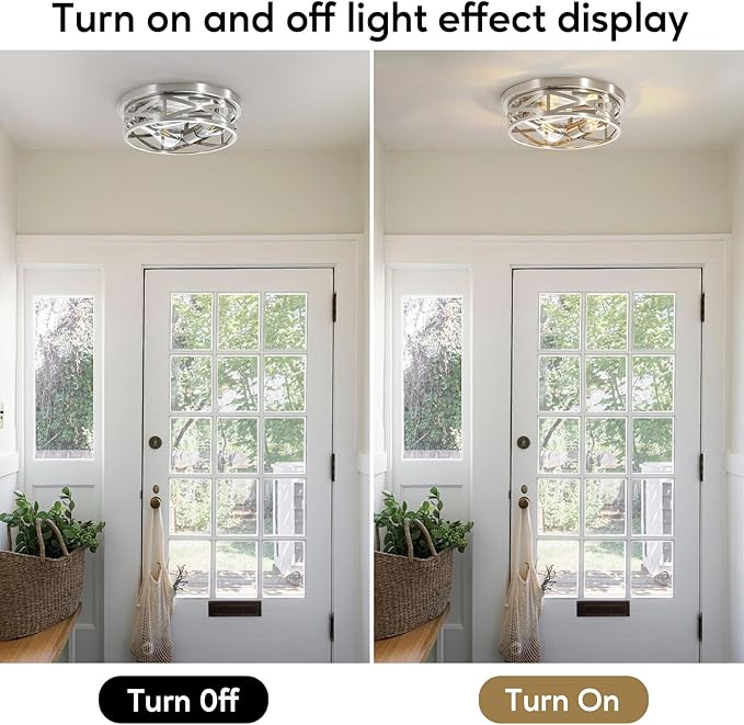 2 Pack Close to Ceiling Light Fixtures, 3-Lights Brushed Nickel Flush Mount Ceiling Light, 13 Inch Indoor Metal Cage Semi Flush Mount Ceiling Light for House Bedroom Laundry Hallway Kitchen