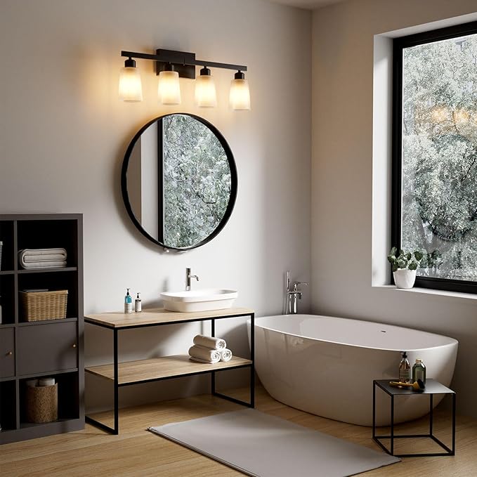 Lightdot 4-Light Bathroom Light fixtures, Modern Vanity Light with Frosted Glass Shade, 26.5IN Black Wall Lamp for Bathroom Kitchen Living Room Hallway Cabinet Porch, E26 Base-1PN