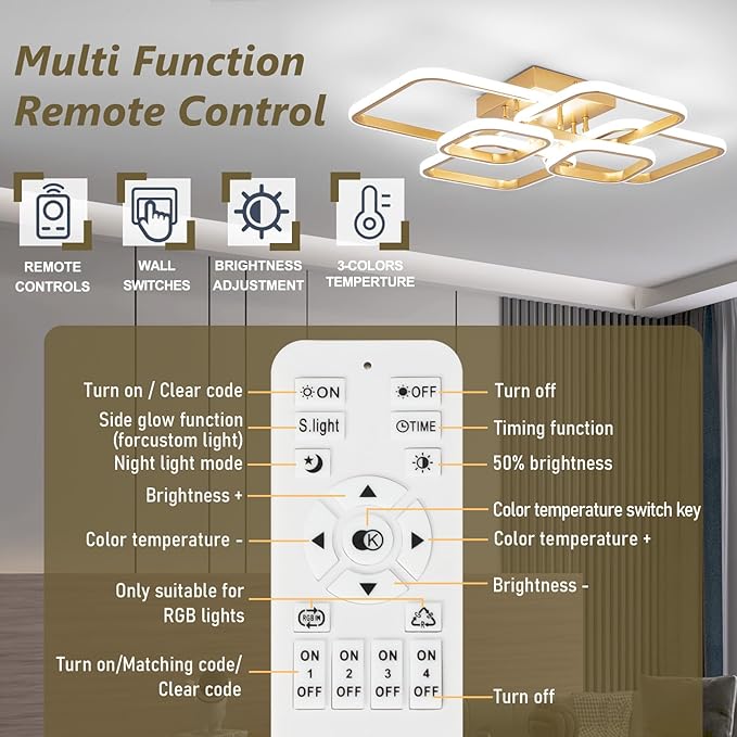 31.5" Modern LED Ceiling Light 6-Square Dimmable Ceiling Light Fixtures with Remote 3000K-6000K Gold Close to Ceilings Lamp 60W for Living Room, Bedroom
