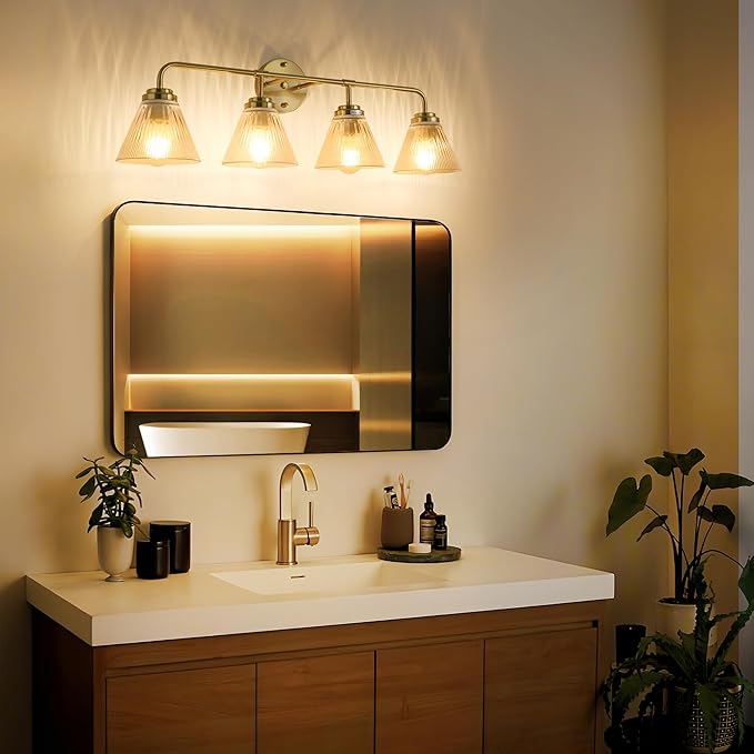Modern Bronze Bathroom Vanity Light, 4-Light Wall Sconce with Clear Ribbed Glass Shades, Farmhouse Industrial Light Fixture for Bathroom, Vanity Mirror, Powder Room, Hallway (bronze, Eletroplate, 4)