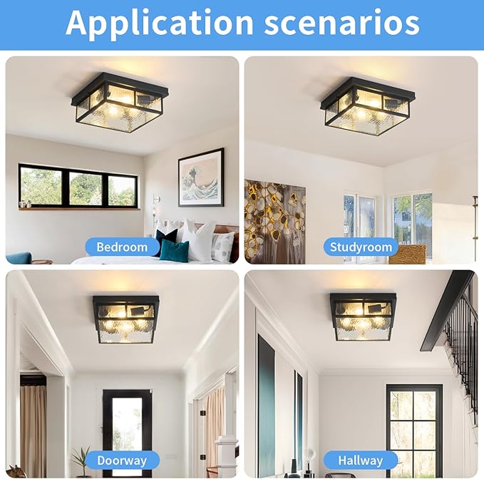 Farmhouse Flush Mount Ceiling Lights Fixtures with Water Ripples Glass Shade,Modern Matte Black Metal Square Ceiling Lamp for Bedroom,Kitchen,Porch,Entryway and Hallway,12 inch,4-Light