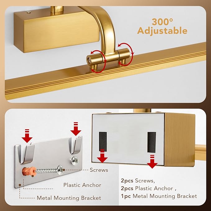 RAIFOOLLY Picture Light, 16inch Picture Lights for Wall Cordless with Timer and Dimmable, 5000mAh Battery Wall Lights for Display Gallery Painting Art Frame Portrait-Brass