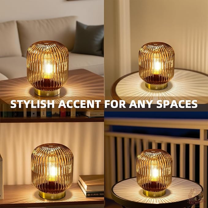 MJ PREMIER Rechargeable Table Lamp, Yellow Glass Lamp with Memory Function, Small Cordless LED Lamp with Dimmable Brightness, Decorative Touch Lamps for Bedroom Living Room (Yellow)