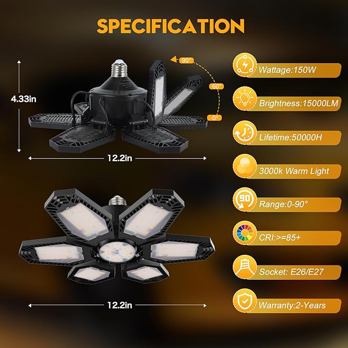 TANBABY 2 Pack LED Garage Lights, 150W Deformable Garage Light Bulb, Total 12000LM 3000K Warm White, 6 Adjustable Panels, E26/E27 Screw-in Ceiling Light for Basement, Gift for Men