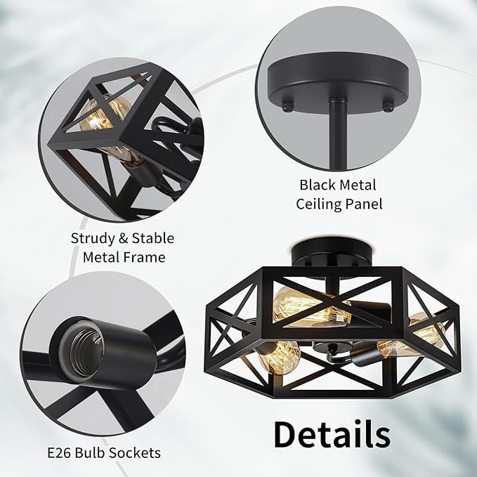 Rustic Foyer Lighting Fixtures, Industrial Semi Black Hexagon Black Farmhouse Kitchen Lighting Fixtures Ceiling for Bedroom Hallway Bathroom 14.5 in