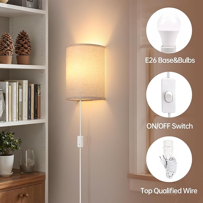 Shenmoyl Plug in Wall Sconces Set of 2 - Dimmable 3 Light Modes, Soft Fabric Linen Shade, Easy Install Wall Lamp for Bedroom, Corridor, Living Room Indoor Ambience Lighting with Switch