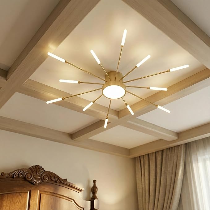 Modern Ceiling Light LED Flush Mount Ceiling Light for Living Room,Kitchen,Bedroom Fireworks Design Dimmable with Remote Control & Memory Function Lighting Fixture (Gold,12 Light)