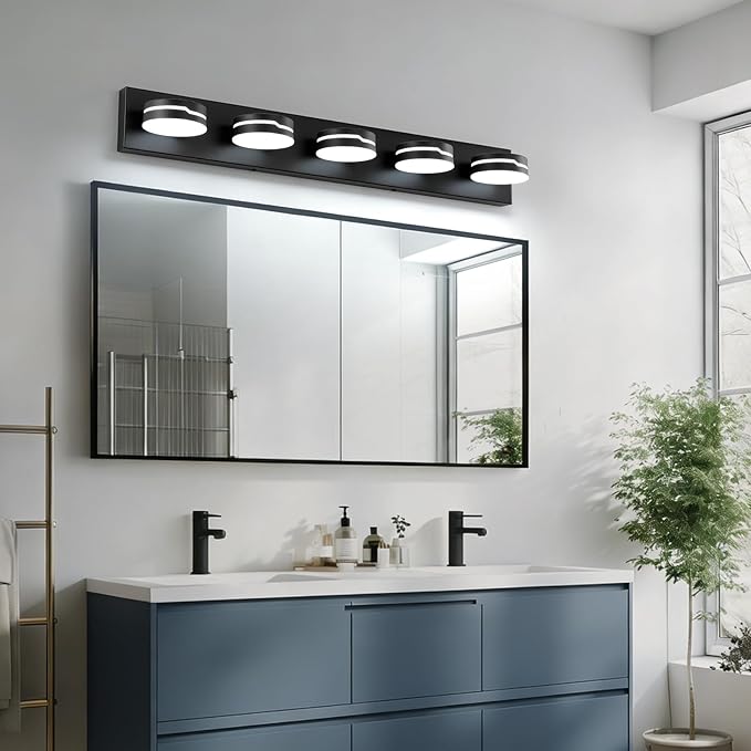 Vanity Lights for Bathroom, 32.28in Matte Black Bathroom Light Fixtures Over Mirror, 5-Light Modern LED Wall Sconce Makeup Lighting, 350° Rotatable, Dimmable 5500K Cool White, Hardwired