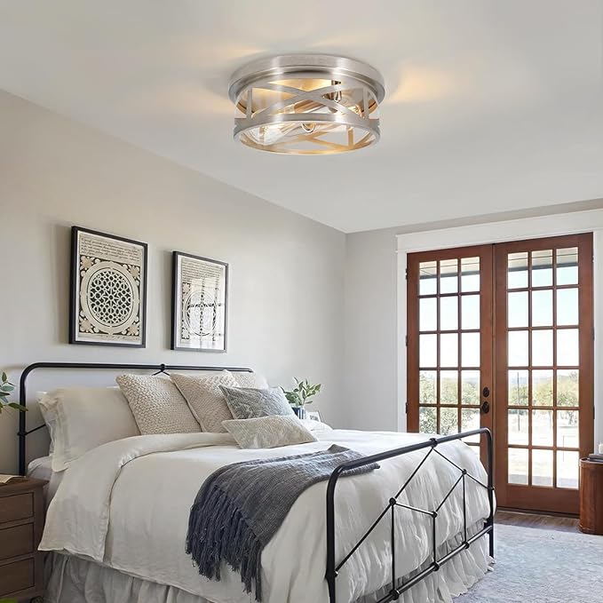 2-Light Flush Mount Ceiling Light Fixture, Farmhouse Ceiling Lights for Kitchen, Modern Black Close to Ceiling Light for Hallway Bedroom Balcony Porch Stairway, E26 (Silver, 1 Pack)