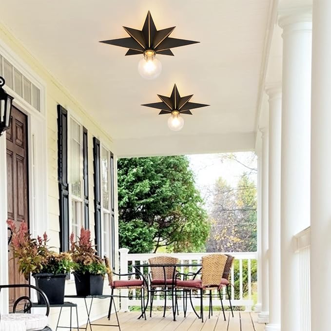16 inch Flush Mount Ceiling Light with Pull Chain On/Off Switch, Industrial Black Star Ceiling Light Fixtures, Farmhouse Lighting for Hallway, Entryway, Porch, Study, Bedroom, Stair, Kitchen, Bathroom
