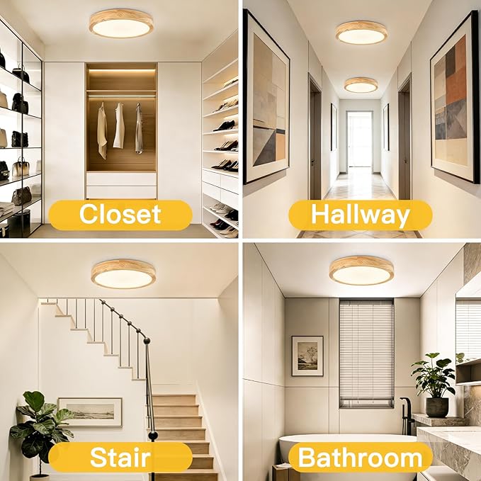 Modern Flush Mount Ceiling Light, LED Ceiling Light for Bedroom, Wood Light Fixture Warm White 3000K Not Dimmable, Round Flat Ceiling Lamp for Hallway, Kid's Room, Living Room, (Wood, 11.8")
