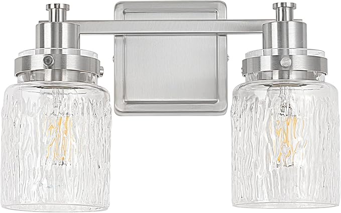 2 Lights Bathroom Light Fixtures Farmhouse Brushed Nickel Vanity Lights for Bathroom Lighting Fixtures Over Mirror with Hammered Glass Lampshade for Cabinet Mirror Bedroom Hallway