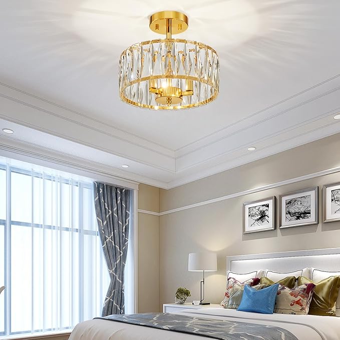 Crystal Ceiling Light, 3-Light Modern Semi-Flushmount Ceiling Light for Living Room, Dinning Room Hallway, D12xH9inch, Gold Finish Frame & K9 Crystal