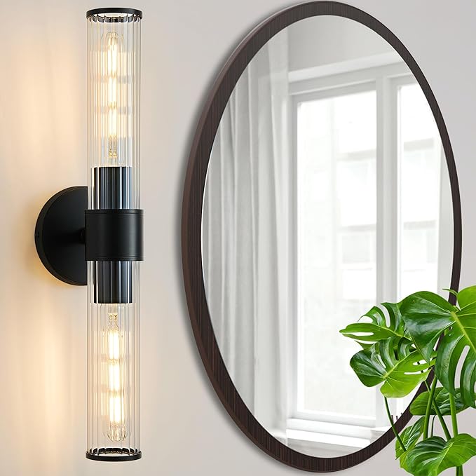 Bathroom Vanity Light Fixtures, Black Wall Sconces in Threaded Glass, Modern Wall Light for Bathroom Living Room Bedroom, Hallway - Bulb Not Included