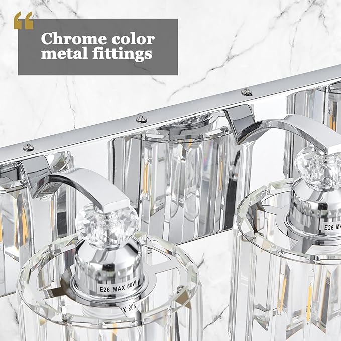 3-Light Modern Bathroom Light Fixture Chrome Vanity Lights Over Mirror Wall Sconce Lighting with K9 Crystal Shades Bathroom Wall Lamp E26 Base for Bedroom, Living Room, Hallway, Cabinet