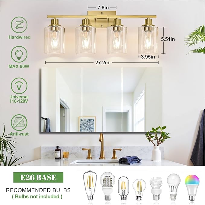 MOKATNG 4-Light Bathroom Light Fixtures, Vanity Light with Clear Glass Shades, Brushed Gold Bathroom Light Fixtures Over Mirror, Modern Bathroom Wall Lamp for Mirror Living Room Cabinet Bedroom