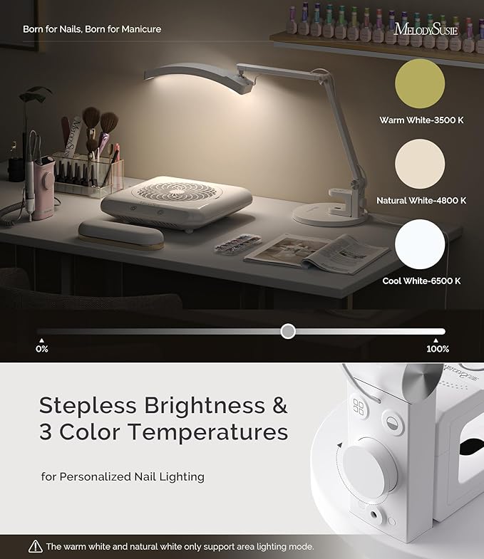 MelodySusie LED Manicure Table Lamp for Nail Techs, S-Pro29G Professional Nail Desk Light with Magnetic UV Curing Lamp, Adjustable Arm, Dimmable Brightness & 3 Color Temps for Gel Nails & Nail Art