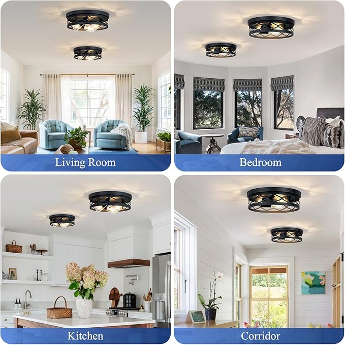 13in 3-Light Farmhouse Flush Mount Ceiling Light,Black Metal Cage Design,E26 Base Ceiling Fixtures for Kitchen Hallway Entryway (2 Pack)