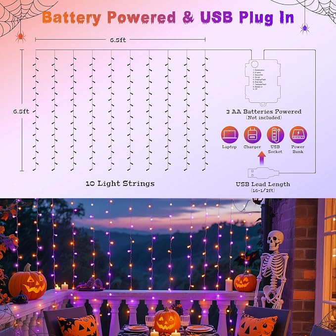 JMEXSUSS 200 LED Orange & Purple Halloween Curtain Lights Battery and USB Operated with Remote, 8 Modes Hanging String Lights for Bedroom, Halloween Lights Indoor Outdoor for Backdrop Party Decor