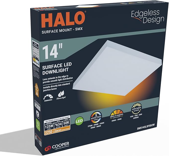 HALO SMX 14-Inch Edgeless Surface Mount LED Downlight w/Selectable Lumens, Color Temperatures, Dimming - Square- SMX14SLSFSD2W