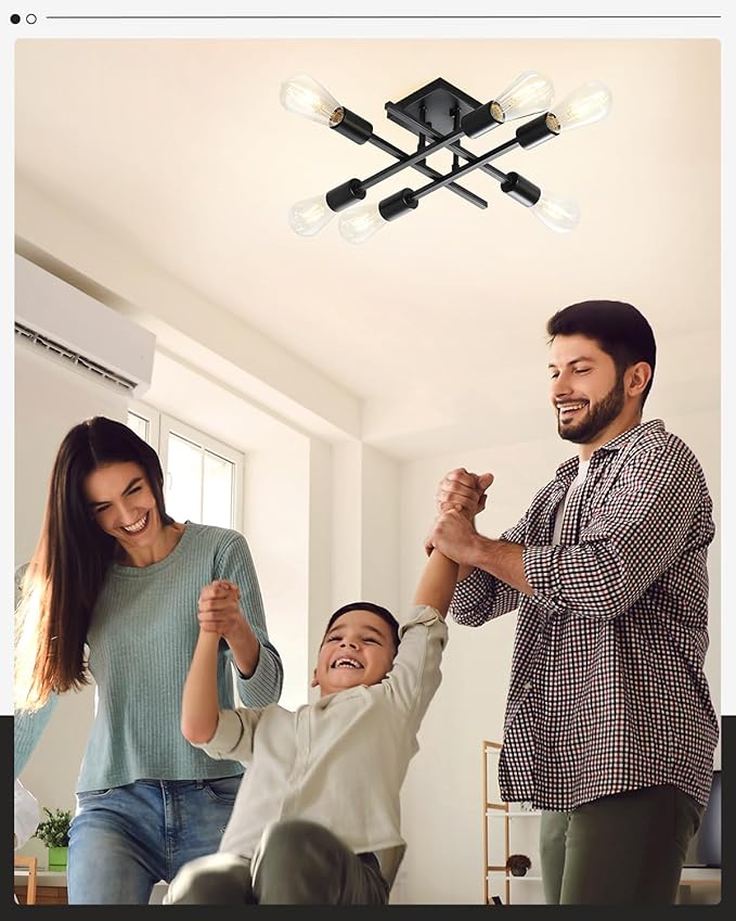 6-Light Semi Flush Mount Ceiling Light Fixture, 2 Pack Modern Black Sputnik Chandelier Lighting, Farmhouse E26 Stock Ceiling Lamp Kitchen Bedroom Living Room Entryway, Bulbs Not Included