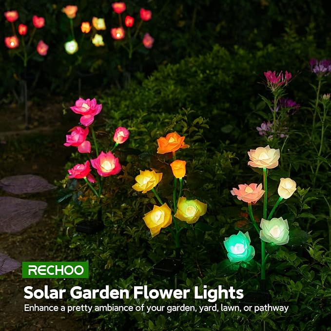 Solar Garden Lights, 6 Pack Upgraded Garden Decor LED Lights with 30 Rose Flowers, IP65 Waterproof 7 Color Changing Flowers, Outdoor Solar Lights for Garden Decorations, Gifts for Valentine's Day