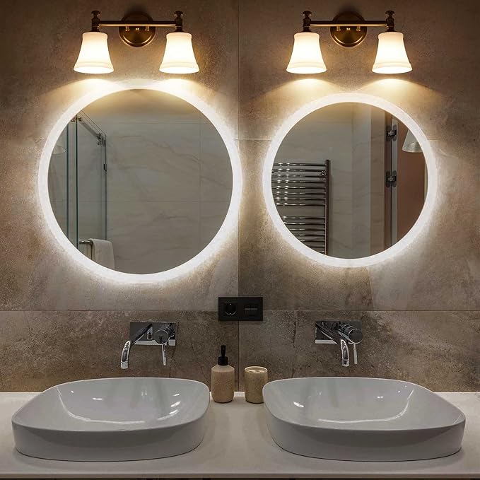 Gold Bathroom Vanity Light Fixtures, Traditional Aged Brass 2 Lights Wall Sconce Lighting with Opal Glass Shade, Porch Wall Mount Light Fixture for Bathroom, Mirror Cabinets Hallway Stairs