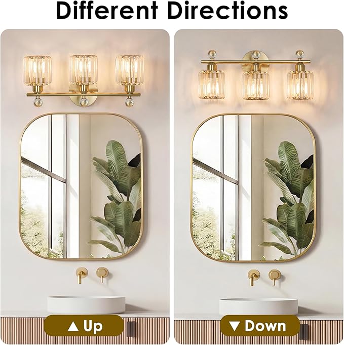 3-Light Gold Bathroom Light Fixtures Modern K9 Crystal Vanity Lights Wall Sconce with Stainless Steel Base, Elegant Bathroom & Bedroom Lighting, Secure Packaging