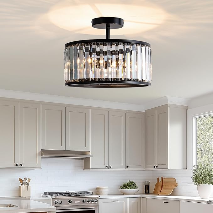 KSRYSZCQ Black Hallway Ceiling Light 3-Light Crystal Ceiling Light Modern Semi Flush Mount Light Fixture for Kitchen Bathroom Foyer