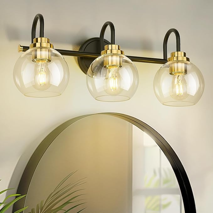 Bathroom Light Fixtures, 3-Light Black and Gold Vanity Lights with Globe Clear Glass, Modern Vanity Lighting Fixtures Over Mirror, AD-22280-3W-KG