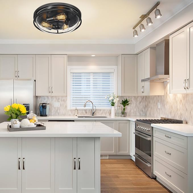 16 Inch Flush Mount Ceiling Light with Clear Glass Shade, 3-Light Indoor Outdoor Farmhouse Lighting Flush Mount Lights for Kitchen Bedroom Porch Living Dining Room(Large)