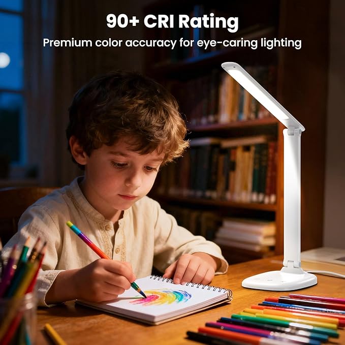 Desk Lamp with Charger, 10%-100% Stepless Dimmable & 5 Color Modes Study Lamp, Touch Control, 30-/60-minute Timer, USB Charging Output Port, CRI≥90, Eye-Caring Foldable LED Desk Lamps for Home Office