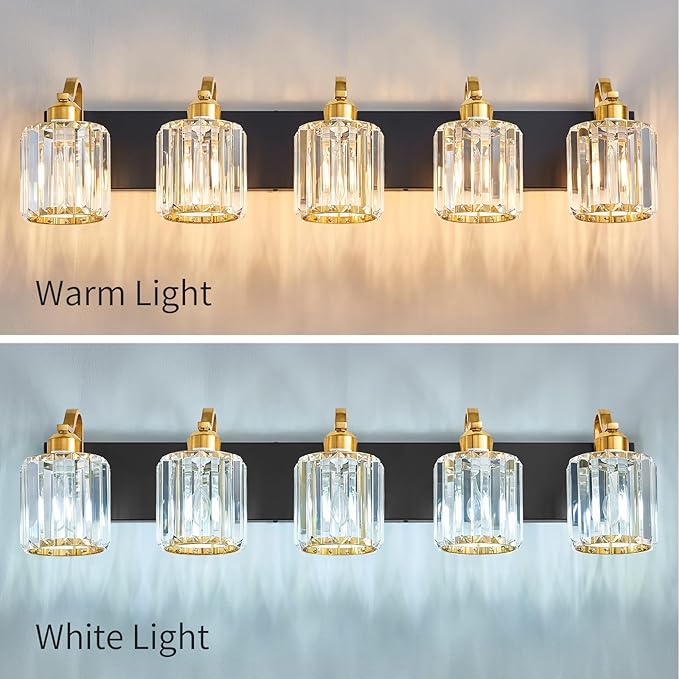 Black Gold Crystal Vanity Light Over Mirror 5 Lights Bathroom Wall Lighting Fixture with Round Shade (Exclude Bulb)