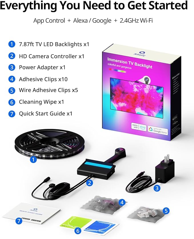 Ailofy Smart TV LED Backlight with Camera for 40-50 inch Screens, 7.87ft LED Strip Lights Sync to Screen& Music, Color Changing Lights for TV Compatible with Alexa & Google Assistant, App Control
