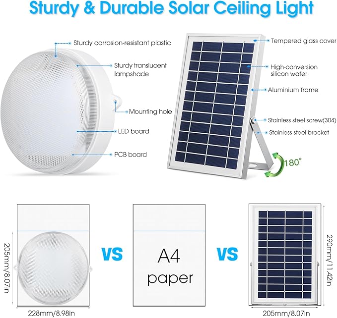 Solar Lights Indoor Home, Daytime Dimmable Ceiling Light with Remote, Cool White/Warm White 1000Lumen Outdoor Solar Shed Light with ON/Off Switch for Barn, Porch, Patio, Carpot, Chicken Coop