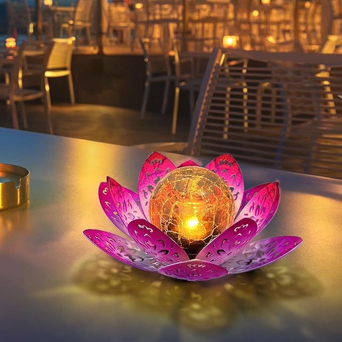 2 Pack Solar Garden Decor Lights Outdoor, Decorative Lotus Flower Solar Lights with Crackle Glass Globe, Waterproof Metal Solar Lights for Patio Yard Lawn Walkway Garden Decor