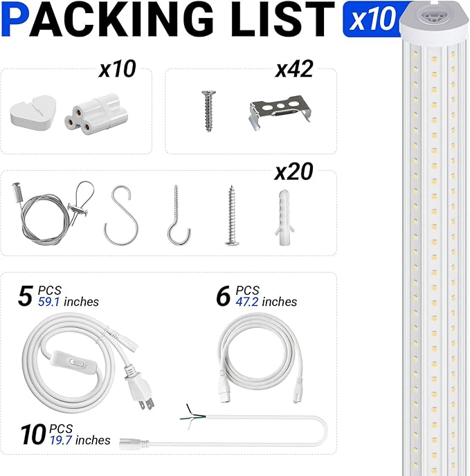 Barrina 8FT LED Shop Light, 140W 17000LM 5000K, U-Shaped 3 Rows LED Garage Lights, Linkable, Hanging & Flush Mount, 8 Foot Commercial LED Shop Lights for Garage, Workshop, Kitchen, 10 Packs, Silver